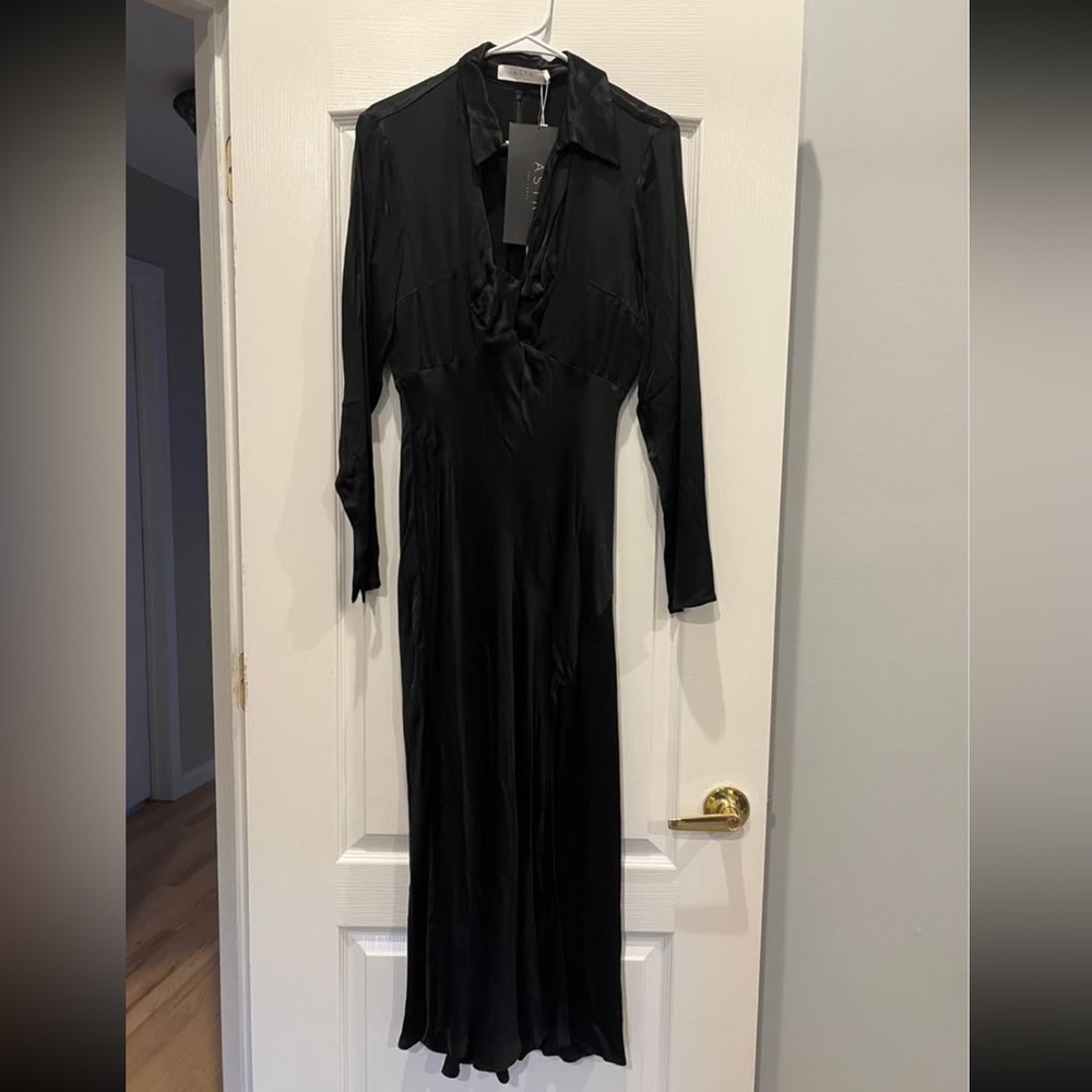 Astr Black Long Sleeve Satin Midi Dress